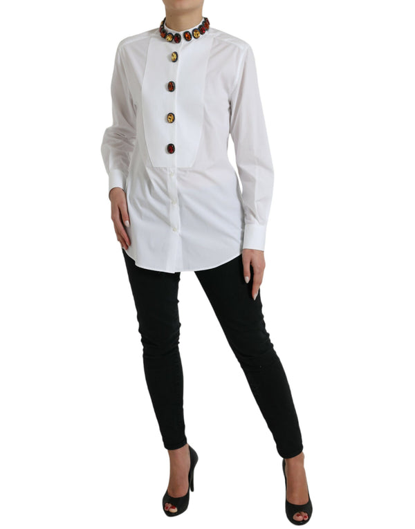 White Cotton Crystals Embellished Shirt Top