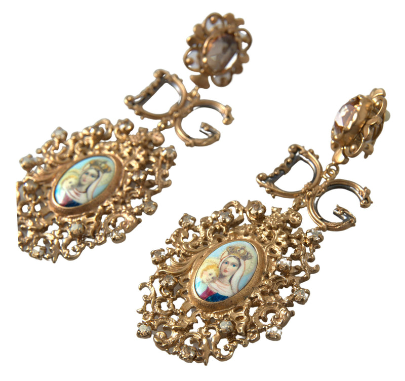 Gold Tone Brass Crystal Mama Mary Drop Dangling Earring