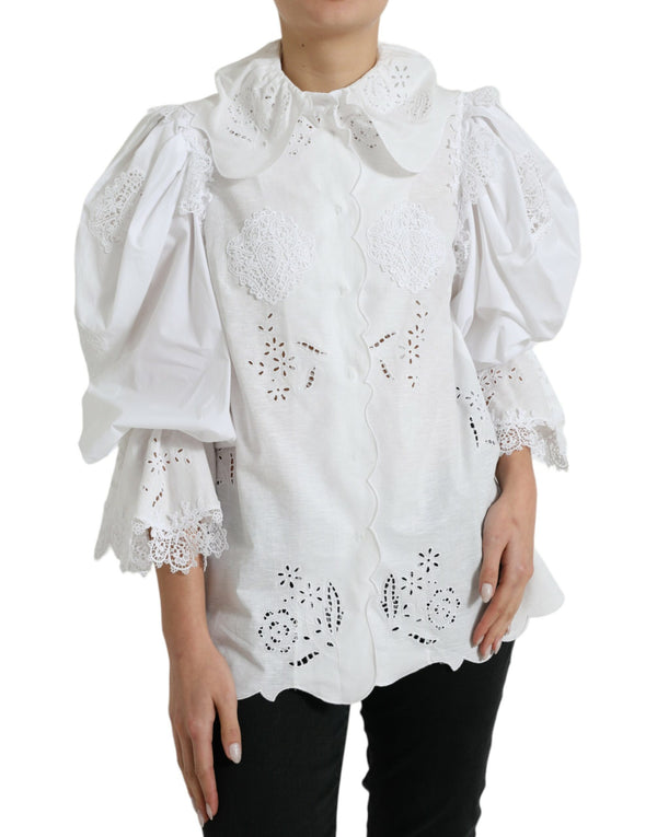 White Cotton Lace Trim Collared Blouse Top