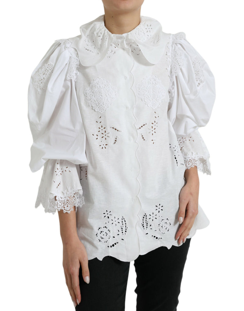 White Cotton Lace Trim Collared Blouse Top