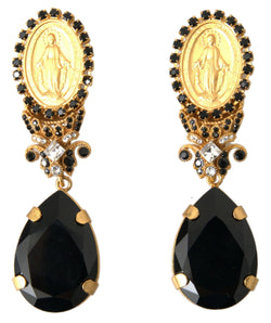 Gold Tone Brass Black Crystal Madonna Drop Stud Earring