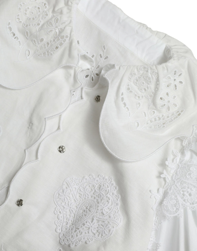 White Cotton Lace Trim Collared Blouse Top