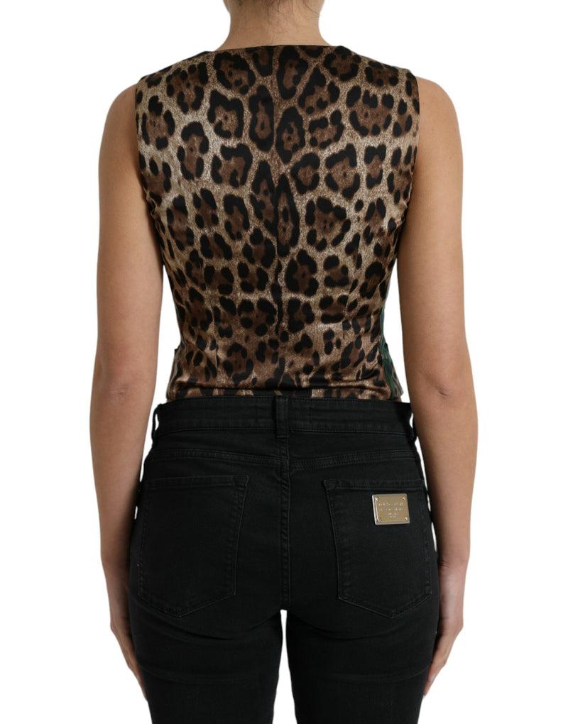 Brown Leopard Rose Silk Waistcoat Vest Top