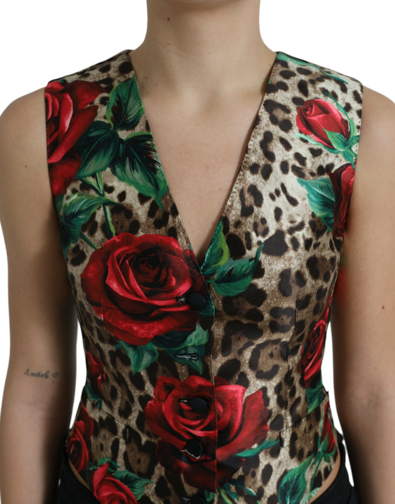 Brown Leopard Rose Silk Waistcoat Vest Top