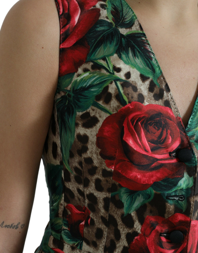 Brown Leopard Rose Silk Waistcoat Vest Top