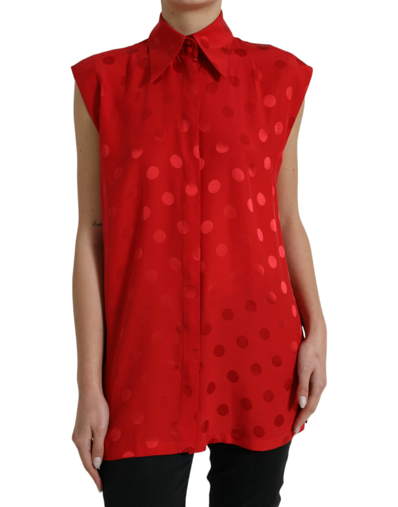 Red Polka Dot Sleeveless Collared Blouse Top