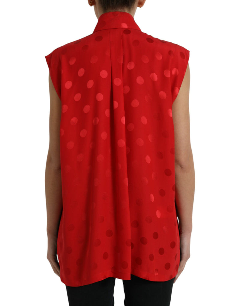 Red Polka Dot Sleeveless Collared Blouse Top