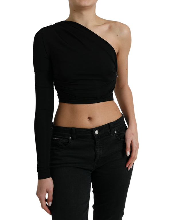 Black Viscose One Shoulder Cropped Blouse Top