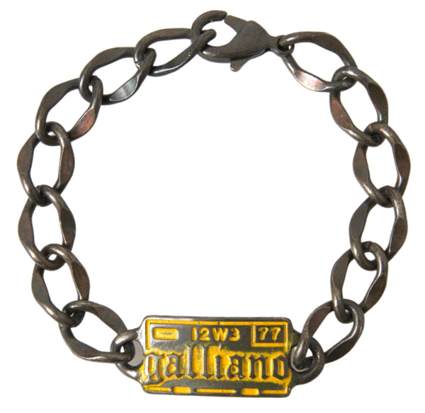 Silver Tone Brass Chain Logo Plaque Branded Antique Bracelet