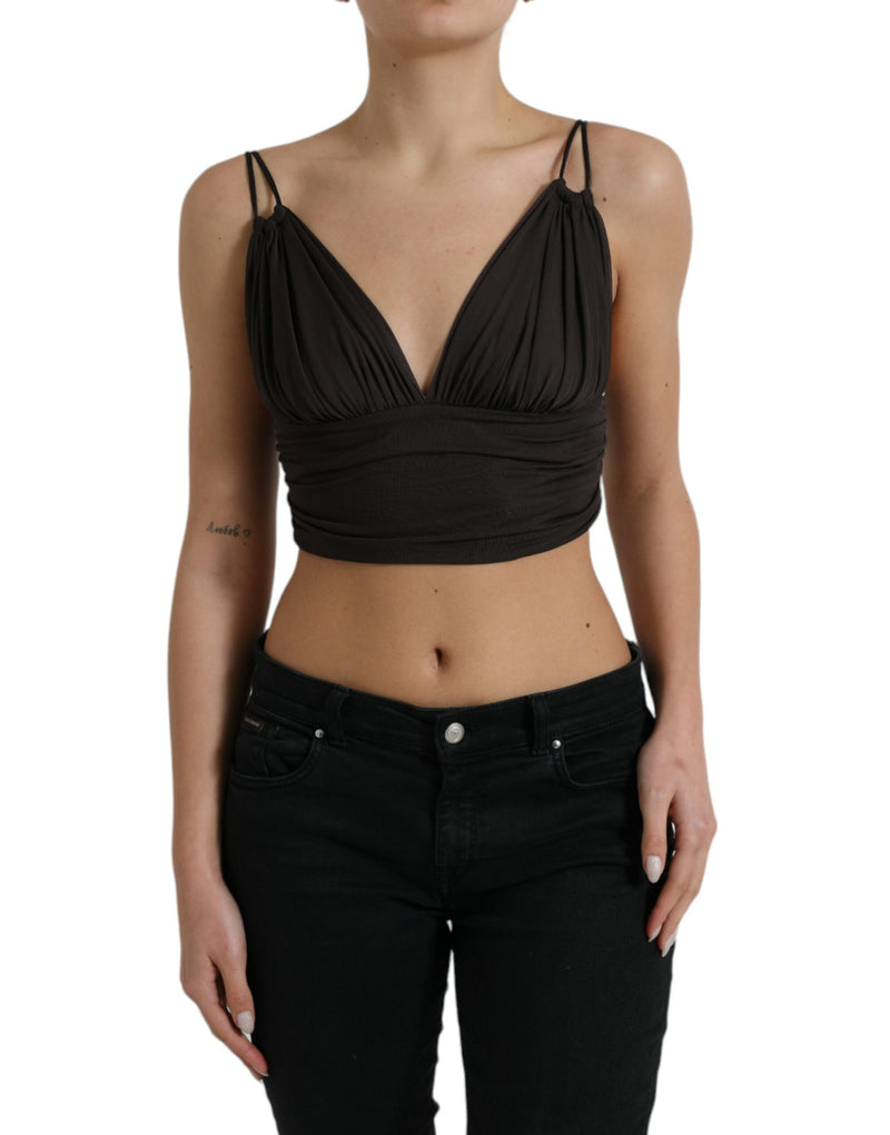 Brown Viscose Plunging V-neck Cropped Tank Top