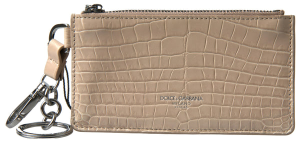 Beige Crocodile Embossed Leather Zip Card Holder Wallet