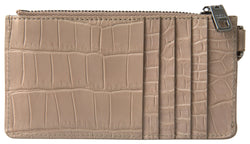 Beige Crocodile Embossed Leather Zip Card Holder Wallet