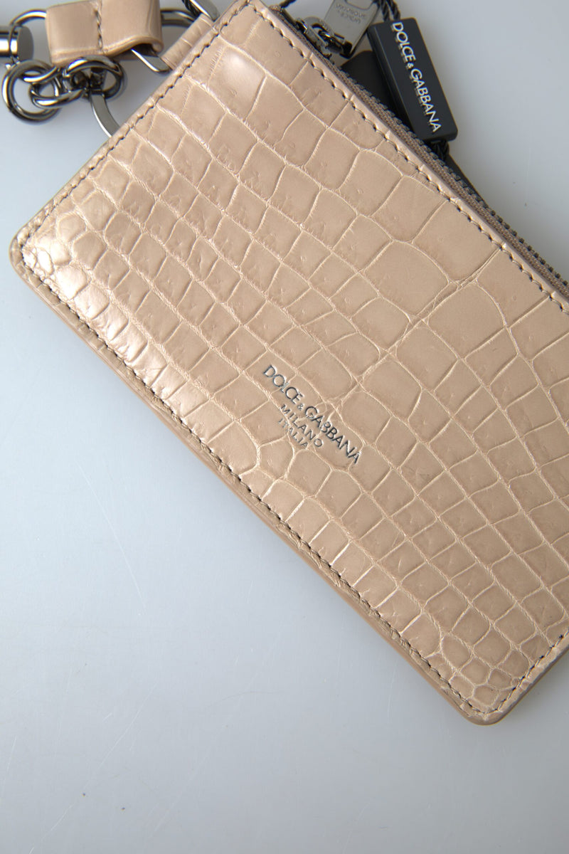 Beige Crocodile Embossed Leather Zip Card Holder Wallet