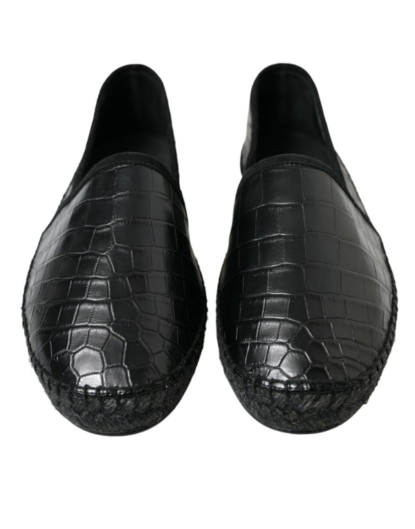 Black Exotic Leather Espadrilles Slip On Shoes