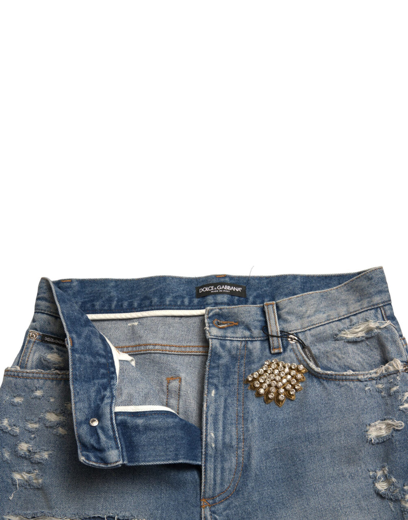 Blue Tattered Embellished Bermuda Shorts