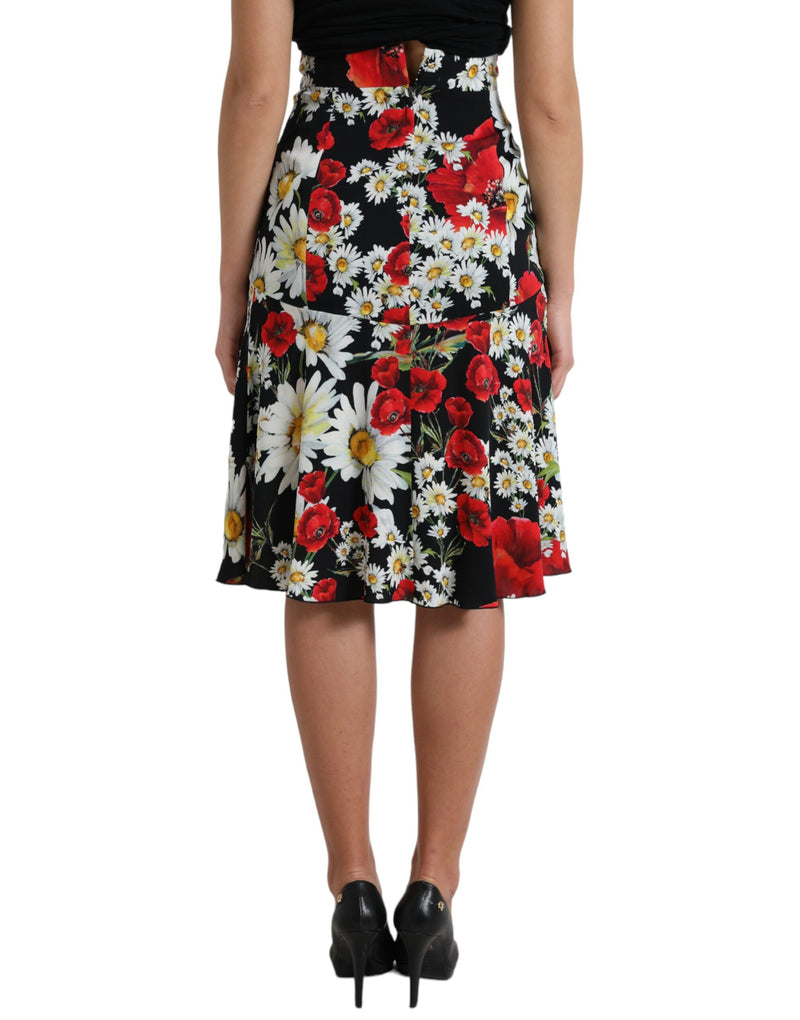 Black Floral Print High Waist Aline Midi Skirt