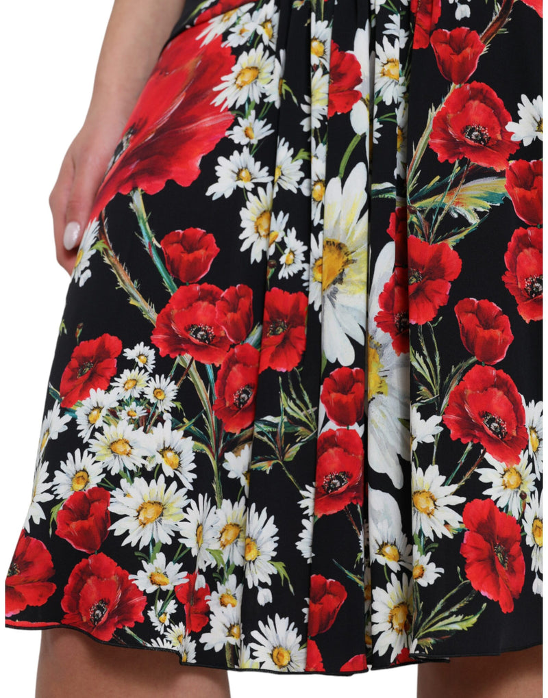 Black Floral Print High Waist Aline Midi Skirt