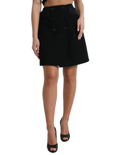 Black Wool Button High Waist Aline Mini Skirt