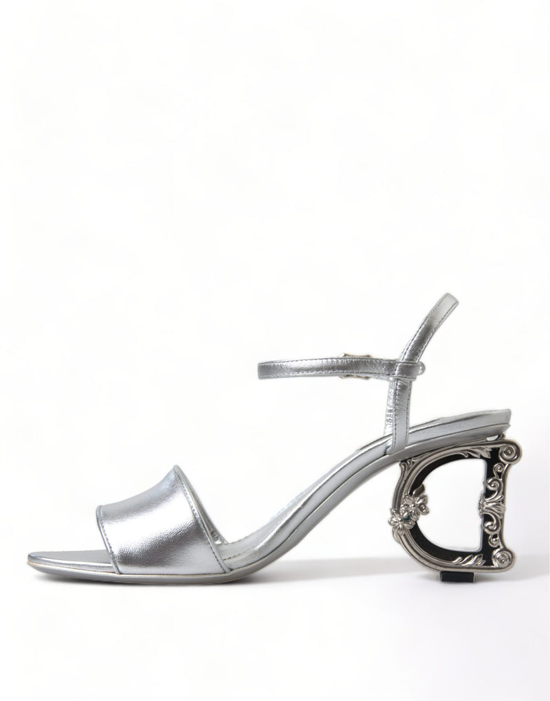 Silver Leather Baroque Heel Sandals Shoes