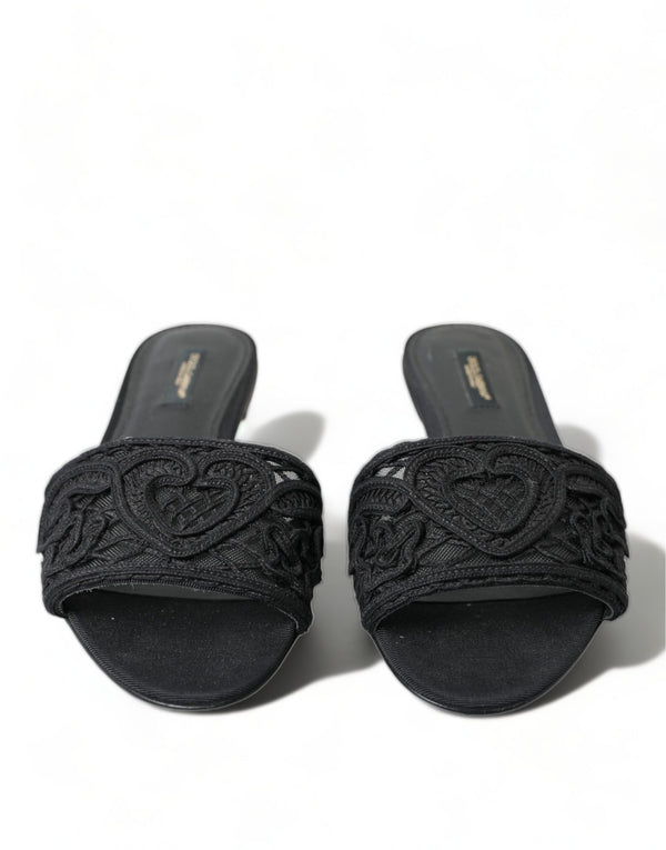 Black Cotton Heart Embroidery Sandals Shoes