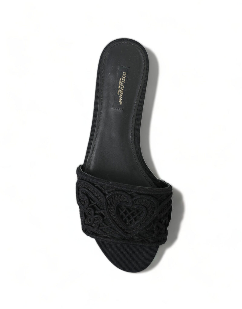 Black Cotton Heart Embroidery Sandals Shoes