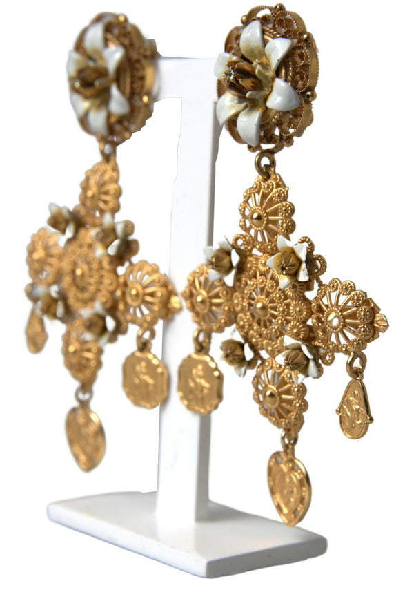 Gold Brass Sicily Cross Madonna Flower Clip On Earrings