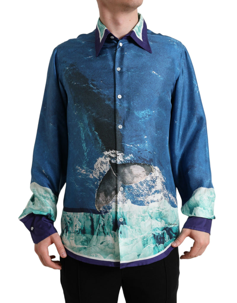 Blue Ocean Print Silk Collared Button Down Shirt