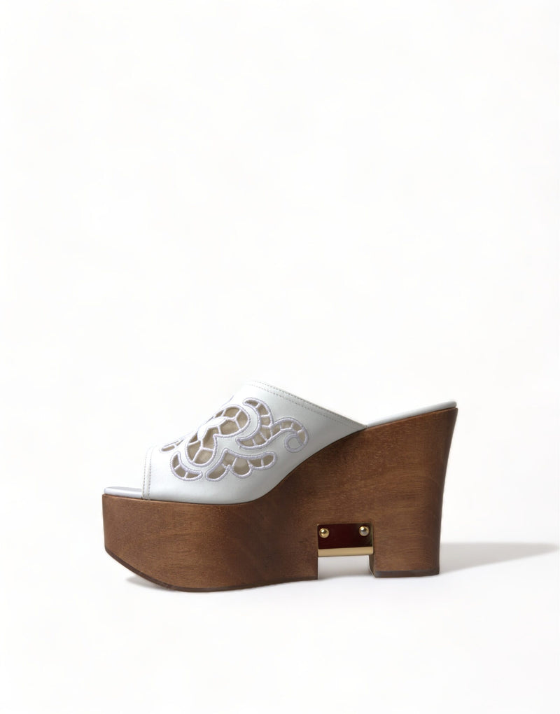 White Leather Embroidered Wedge Sandal Shoes