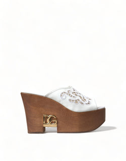 White Leather Embroidered Wedge Sandal Shoes