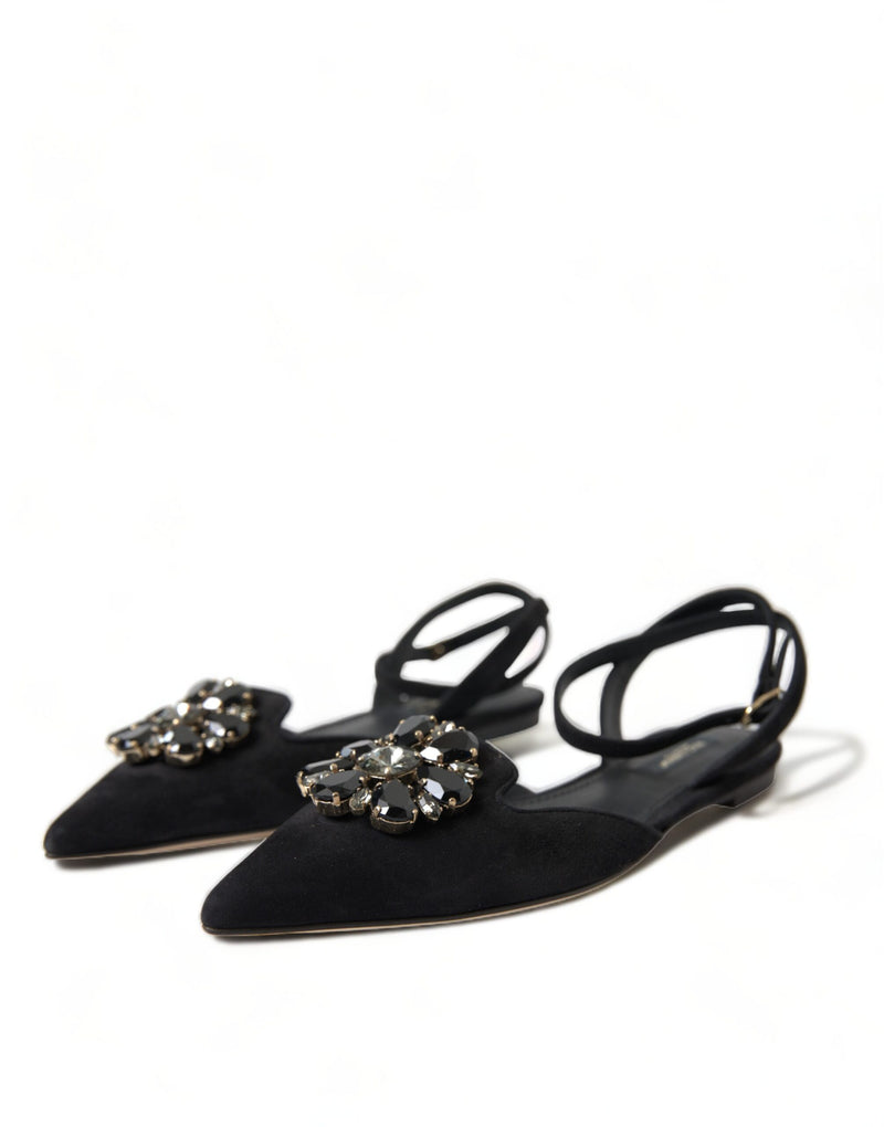 Black Leather Crystal Slingback Flats Shoes