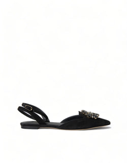 Black Leather Crystal Slingback Flats Shoes