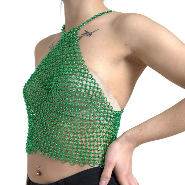 Green Aluminum Sleeveless Halter Cropped Tank Top