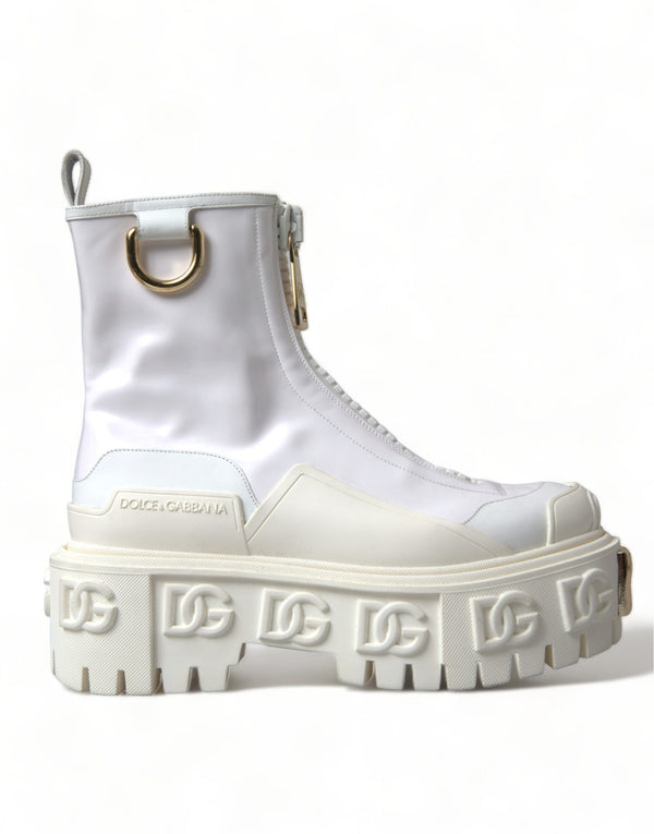 White Leather Logo Plaque Zip Ankle Boots Shoes