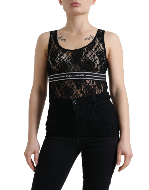 Black Logo Stripe Lace Sleeveless Tank Top