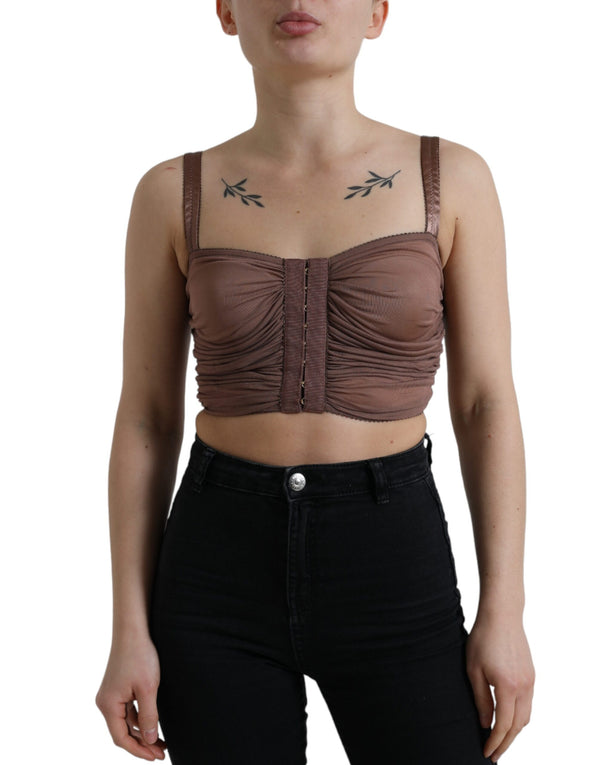 Brown Viscose Bustier Sleeveless Cropped Top