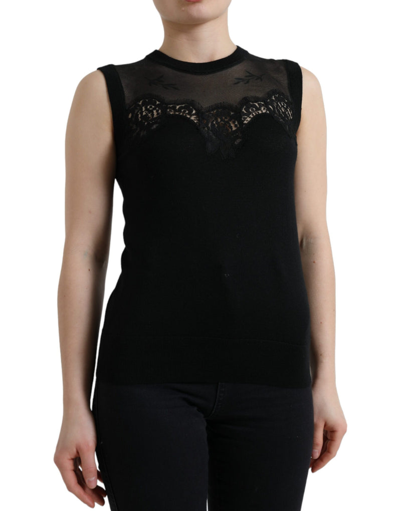 Black Cashmere Lace Trim Sleeveless Tank Top