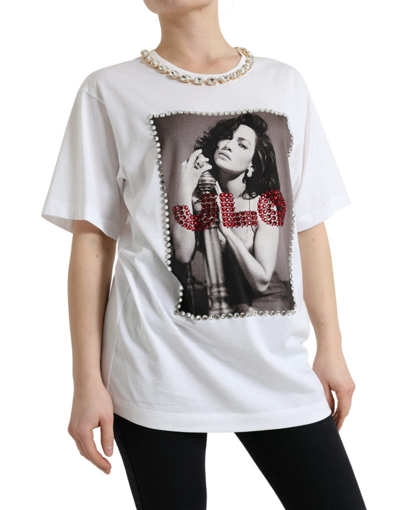 White Crystal Neckline Print Tee T-shirt