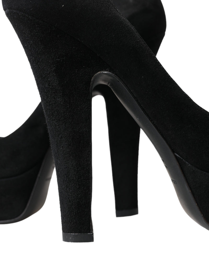 Black Suede Leather Platform Heel Pumps Shoes