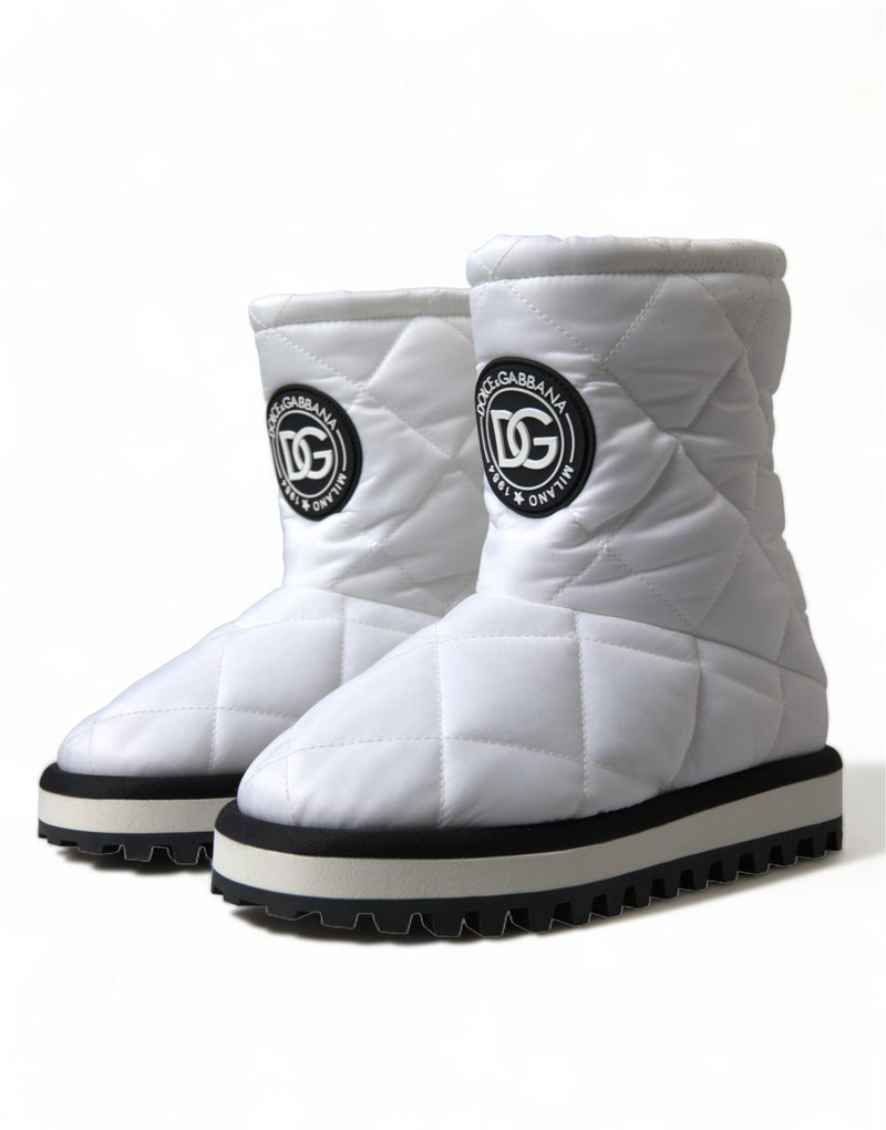 White Quilted Logo Badge Mid Calf Boots Shoes