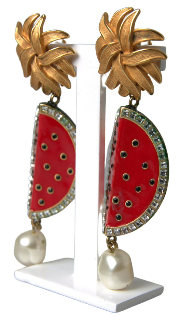 Red Watermelon Gold Brass Crystal Clip Dangling Earrings