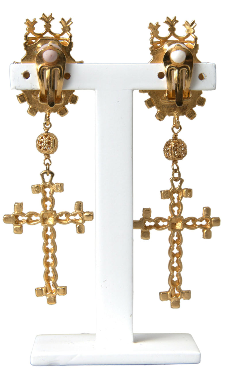 Gold Brass Crown Cross Crystal Clip On Dangling Earrings