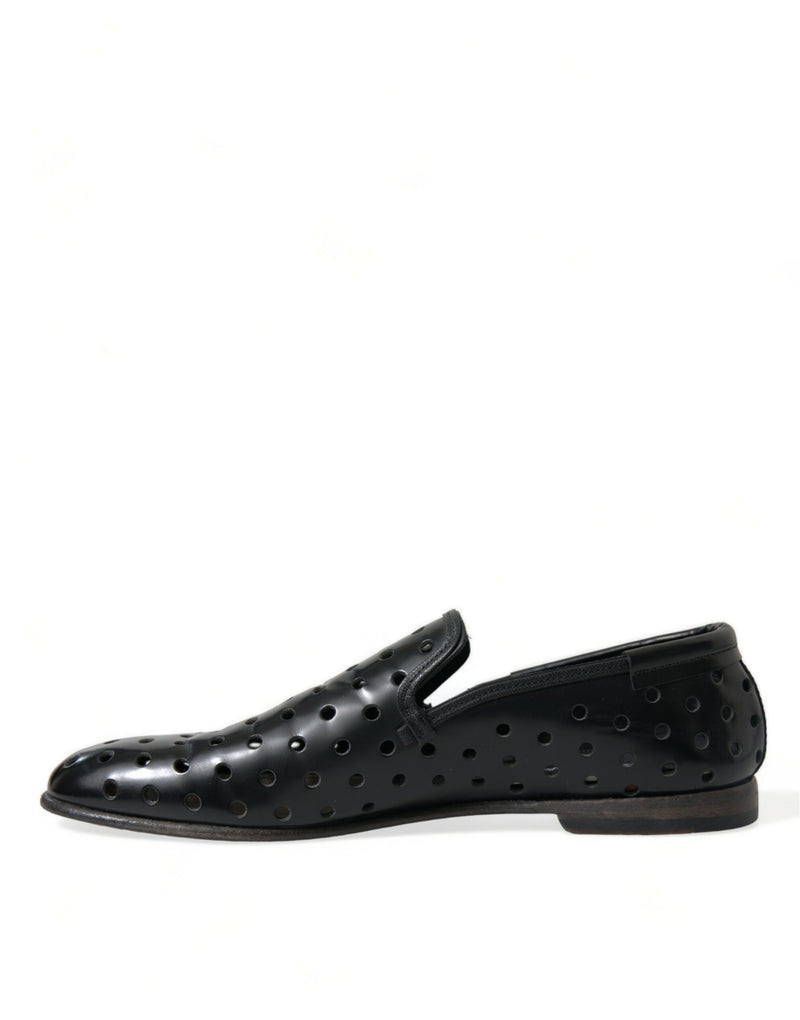 Black Leather Perforated Loafers Shoes