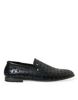 Black Leather Perforated Loafers Shoes