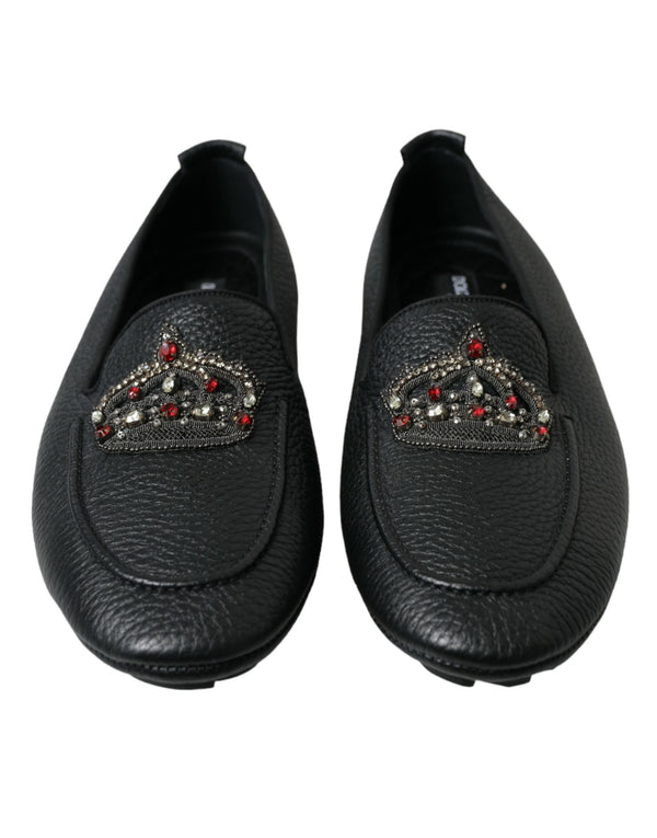 Black Leather Crystal Embellished Loafers Dress Shoes