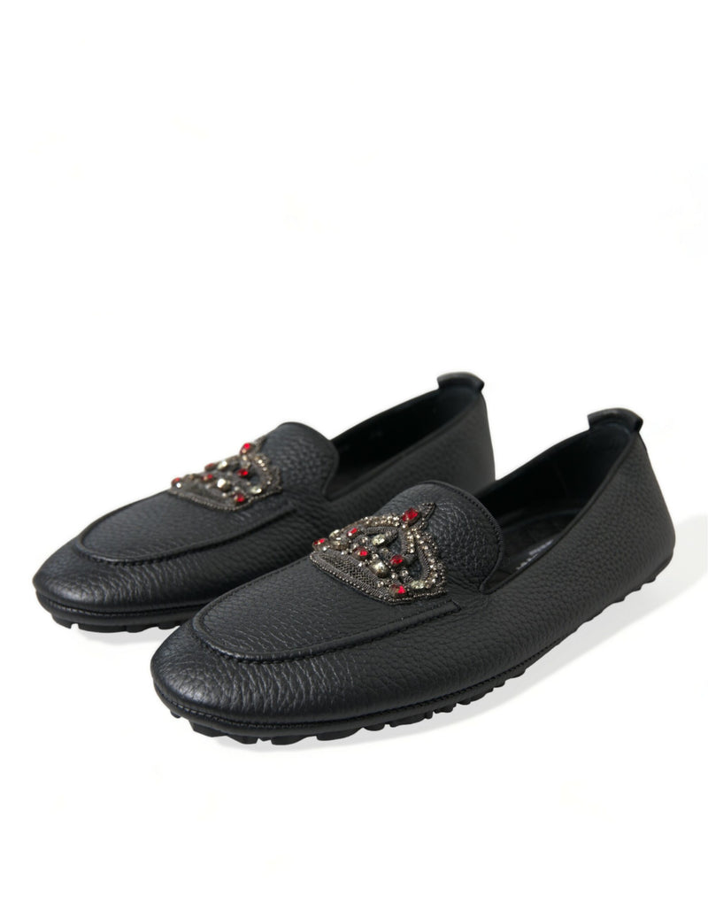 Black Leather Crystal Embellished Loafers Dress Shoes