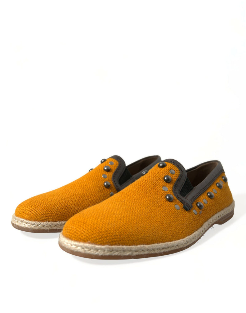 Orange Linen Leather Studded Loafers Shoes