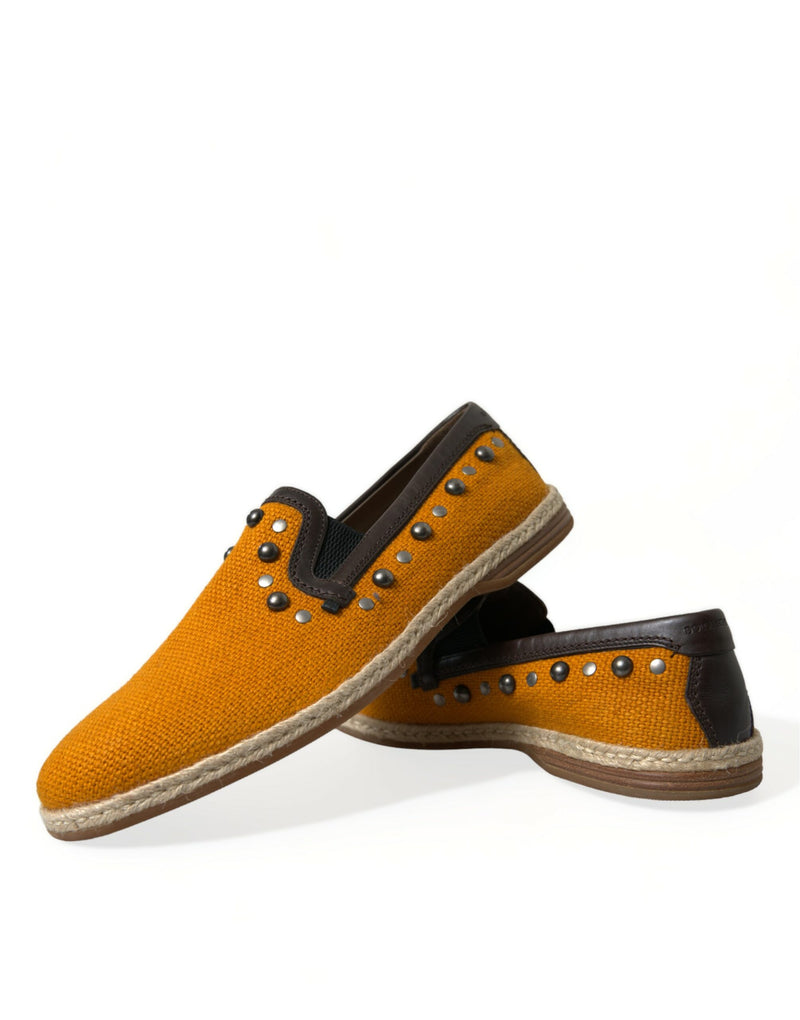 Orange Linen Leather Studded Loafers Shoes