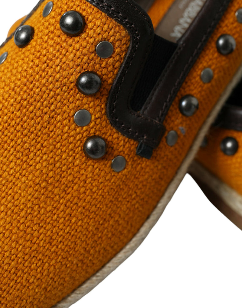 Orange Linen Leather Studded Loafers Shoes