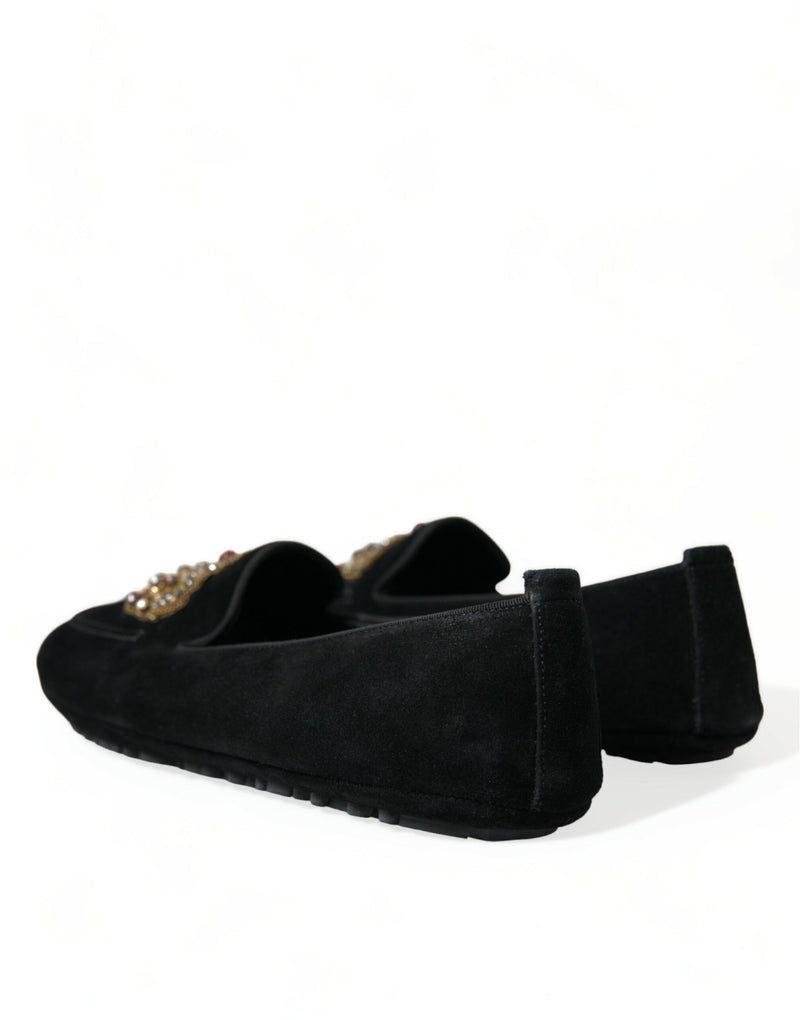 Black Leather Crystal Crown Loafers Shoes