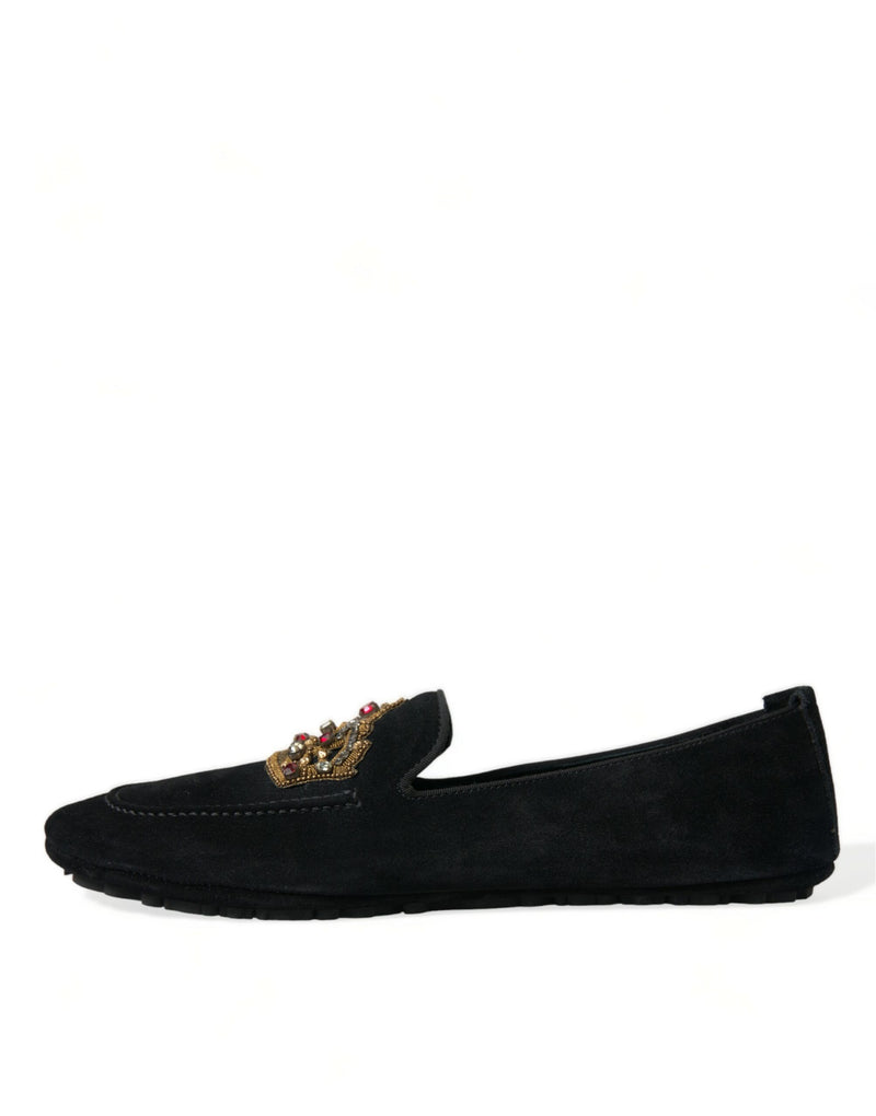 Black Leather Crystal Crown Loafers Shoes